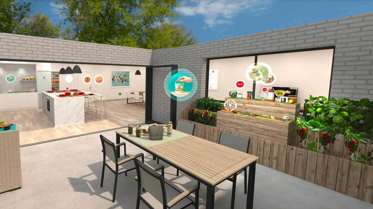 Imagen de espacio virtual diseñado para la marca Lékué con productos 3D interactivos